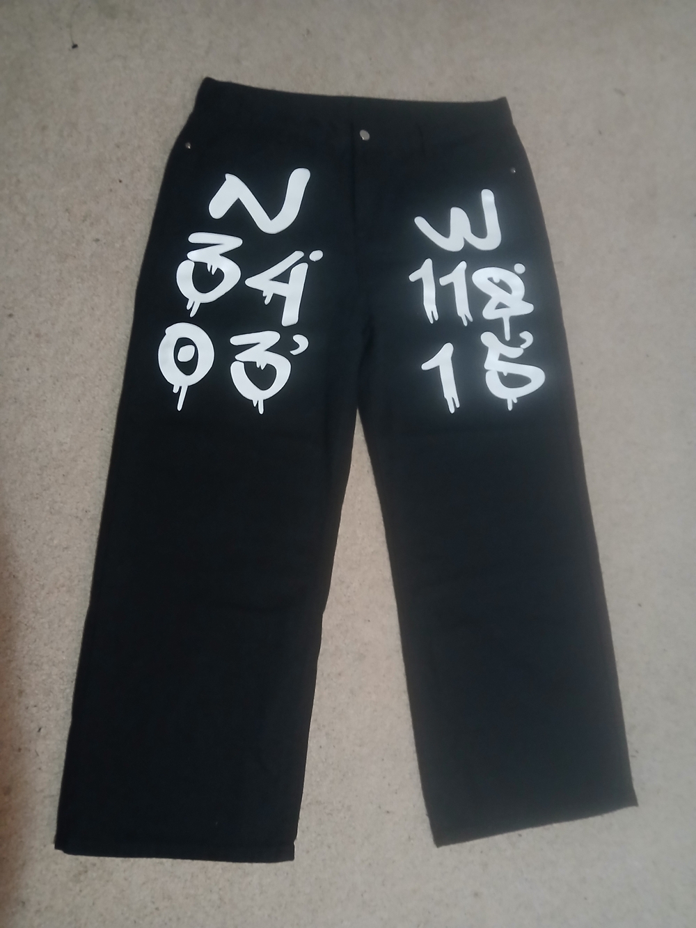 Y2k Style Super Wide Leg Black Graphic  Jeans with White Street Art Print 36